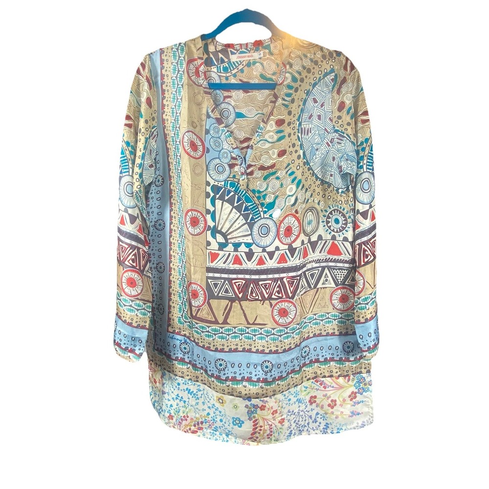 Johnny Was Tunic Top Small‎ Lightweight Colorful Print 100% Silk Artsy Boutique